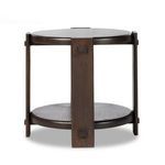Side view emphasizing two shelf surfaces and rounded wood edges on end table
