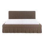 Zeppelin bed with low-slung 70’s silhouette, curved edges, floating base design, brown linen-blend upholstery