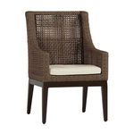 Dark brown Peninsula Light Raffia woven arm chair with square open weave back and beige seat cushion