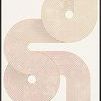 Abstract painting with intertwined circular and linear patterns in soft earthy tones, set on a light background