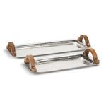 Set of two narrow silver trays with hammered texture and curved wooden handles, different sizes