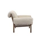 Profile side view emphasizing curved backrest and ruched fold-over arm detailing