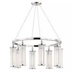 Marley 8 Light Pendant with brushed nickel finish and clear cylindrical glass shades hanging from thin wires in a circular...