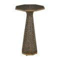 Front view of bronze table showing tall flared base, octagonal top with gold trim and filigree filament pattern
