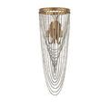 Front view of sconce emphasizing the curved gold backplate and draped chains