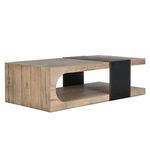 Opposite angle of Danica Coffee Table showing curved hollow center with wood planks and black iron band wrapping around