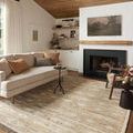 Rivers Ivory Rug styled in living room beneath a beige sectional sofa and black side table near fireplace