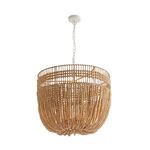Chandelier lit from inside showing warm glow through natural wood beads