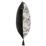Side profile showing two-tone pillow with painted toile front and solid dark gray velvet back with tassels