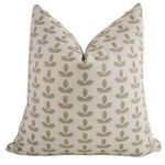 Taupe decorative pillow cover with embroidered stitched leaves pattern on premium cotton linen-look fabric