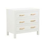 Crisp white raffia wrapped chest with three drawers and gold leaf rectangular handles