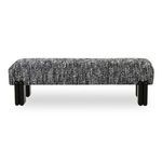 Priya bench with textured black and white boucle yarn upholstery and high-gloss black double-leg iron columns