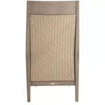 Back view highlighting the raffia woven panel set in an oak frame with brand label at bottom