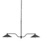 Linear dark bronze iron chandelier with two wide conical shades and exposed bulbs hanging from chain