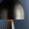 Close-up of the smooth dome shade showing brushed metal texture and top finial