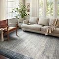 Living room setting with muted blue rug under light gray sofa and chair near sunny windows