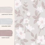 Wallpaper color palette swatches in amethyst white, sugared grey, and dark blush alongside floral wallpaper pattern
