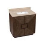 Rectangular undermount sink clearly visible with drain and overflow on beige stone top