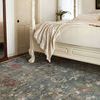 Side view of rug partially under bed with focus on the area near bed legs and surrounding floor space.