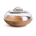 Round Adrien bowl with natural wood base and clear glass cloche with simple handle on top