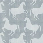 Pewter blue matte wallpaper with a repeating pattern of large, light gray prancing horses on textured surface