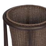 Angled top view of empty woven basket with visible tapered teak frame legs