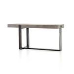 Mercury Console table with grey concrete top, rubbed edges, industrial rivets, on dark iron base with rectangular legs