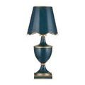 Travelogue lamp with scalloped shade showing slight seam at back and gold trim on base