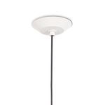 Close-up overhead view of white ceiling mount plate and black cord of pendant