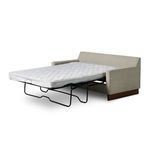 Queen sleeper mattress pulled out with metal legs unfolded for support