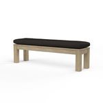 Coastal Teak Dining Bench with warm grey teak wood and black cushioned seat, sleek angular frame with seamless joinery
