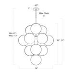 Technical line drawing with dimensions showing chandelier 28 inches wide, 37 inches high including chain
