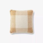 Square throw pillow with natural and gold woven plaid pattern featuring geometric design and fringe edges
