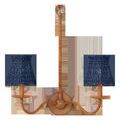 Two indigo tapered chandelier shades mounted on a wooden double-arm wall sconce with circular backplate