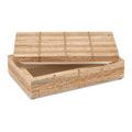 Rectangular box with horizontal stacked travertine tiles and narrow vertical brass strips visible from angled side