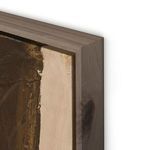 Close-up of wood frame corner with natural grain and edge detail on the abstract painting.