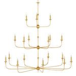 Three-tier gold chandelier shown from front against a white background with elegant arm curves