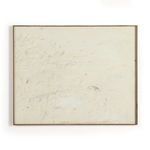 Abstract-expressionist painting with off-white background, textured marks, and organic lines framed in wood