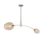 Pendant light viewed from a slight angle showing asymmetrical globe sizes and arm curvature