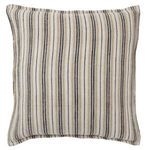 Square throw pillow with vertical dark brown and cream stripes made of textured linen fabric