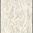 Abstract painting with minimalist black fluid lines on light background forming dynamic human figures in motion