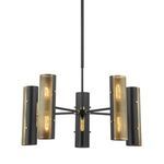 Mikka Patina Brass 10-Light Chandelier with cylindrical two-tone perforated brass and black shades arranged symmetrically ...