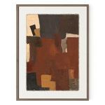 Abstract painting with warm earthy tones in rust, black, and beige with layered textures on canvas framed in wood