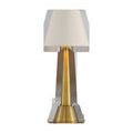 Gold cordless table lamp with polished brass cone base and cream shantung tapered drum shade