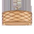 Partita Pendant with woven rattan lattice and grasscloth diffuser softly illuminated from below and sides