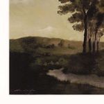 Close-up of lower left corner showing detailed textured grassy hillside and creek with artist signature