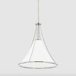 small pendant light with clear conical glass shade and polished chrome finish steel frame and stem