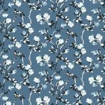 Blue wallpaper with white rose flowers and dark thorny branches pattern in a flowing design