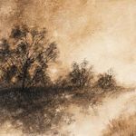 Zoomed detail on textured paint strokes of trees and water reflections