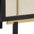 Horizontal top view of rectangular woven raffia panel on top of credenza framed in black wood